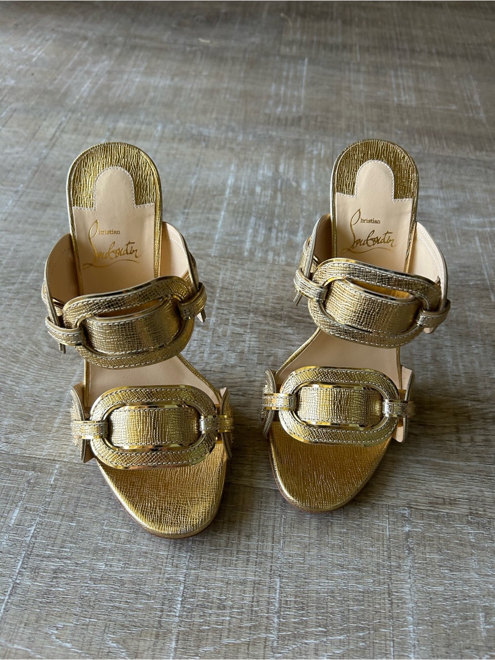 Rare Christian Louboutin Balistra 100 Lamé Specchio Gold Slides 37.5 Unworn - Picture 10 of 16